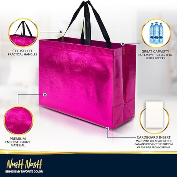 Pink Gift Bags Extra Large Size – Set of 12 Reusable Hot Pink Gift Bags - Picture 3 of 4